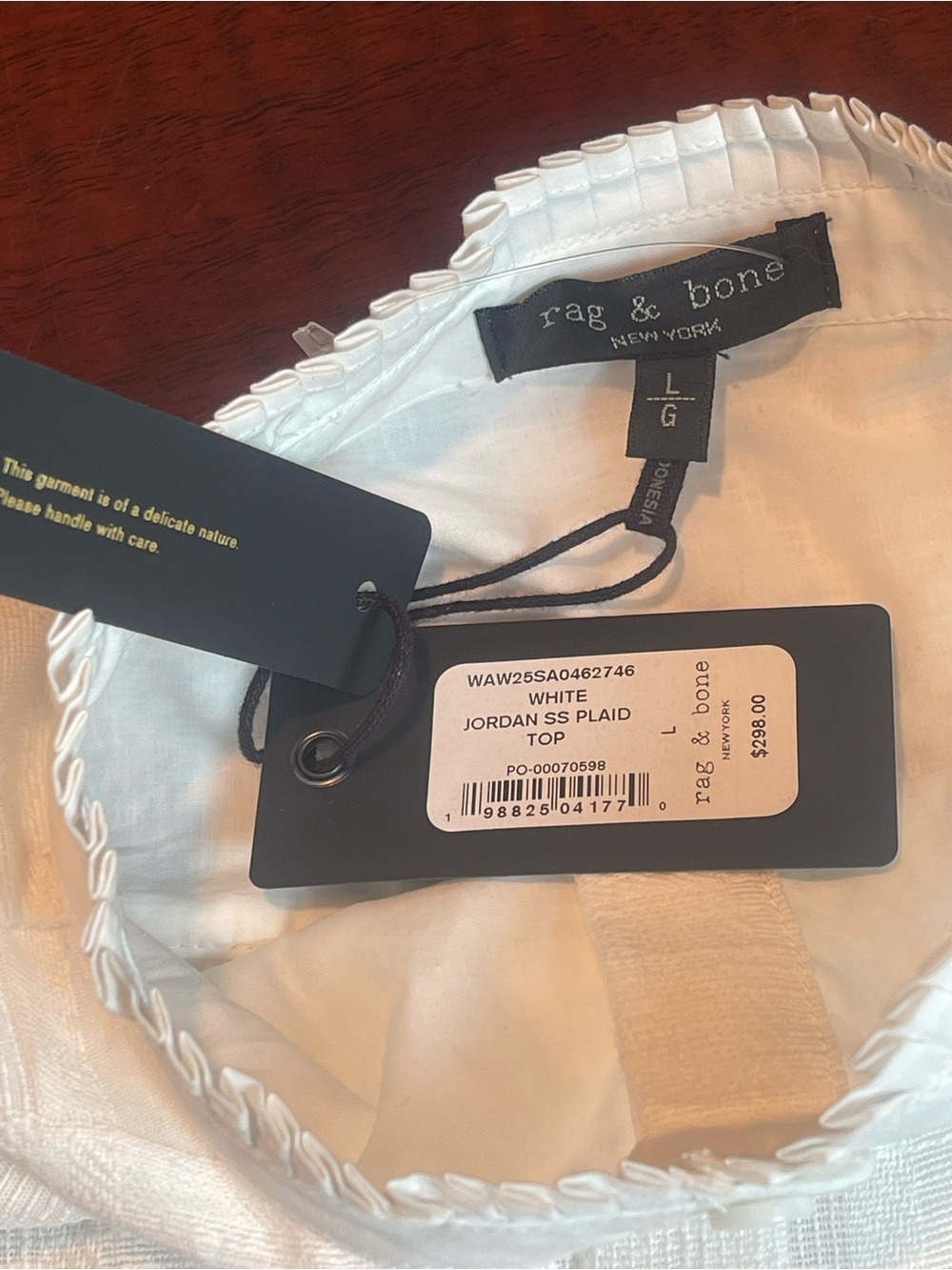 Rag & Bone White Jordan Plaid Short Sleeve Ruffle Collar Puff Blouse Top L NWT - Picture 8 of 10